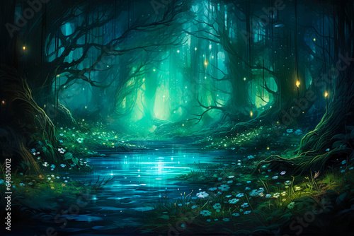 Enchanting forest scene illuminated by a mystical emerald light. Fairy tale outdoor background