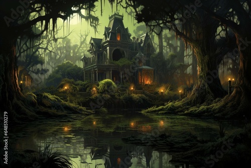 Illustration depicting a spooky Victorian mansion surrounded by a swampy bayou marsh. Generative AI photo