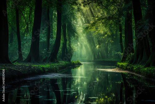 Enchanting forest scene illuminated by a mystical emerald light. Fairy tale outdoor background © IonelV