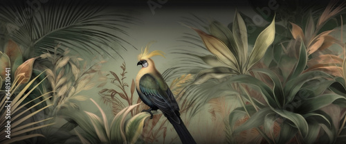 nature wallpaper flower art palm bird leaf exotic jungle tropical. Generative AI. © VICHIZH