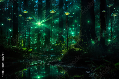 Enchanting forest scene illuminated by a mystical emerald light. Fairy tale outdoor background