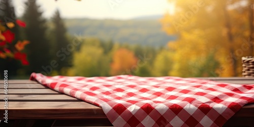 Rustic retreat. Outdoor space. Nature dining canvas. Empty picnic table. Woodland elegance