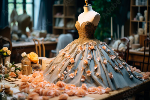 Haute couture evening dress in a tailor room . High luxury atelier, dressmaking. photo