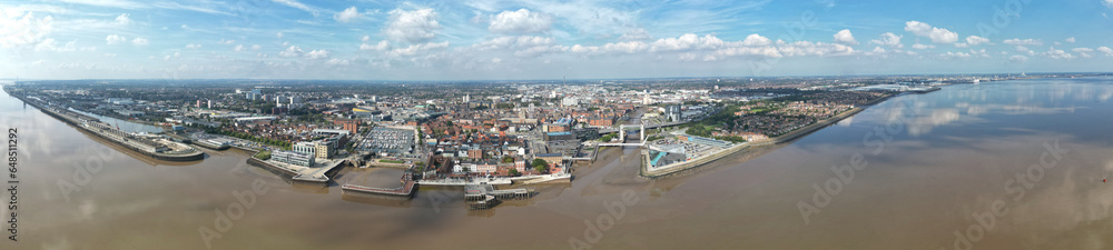 Overhead drone photo looking down over the marina area of Kingston-upon-Hull, UK