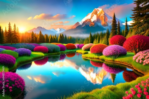 A river of colourfull flowers  3d render 