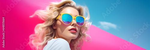 Summer Portrait of a Beautiful Blonde Woman in Neon Pink, Blue, and Turquoise Medium Shot with Copyspace Area