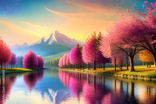 A river of colourfull flowers  3d render  #648511868