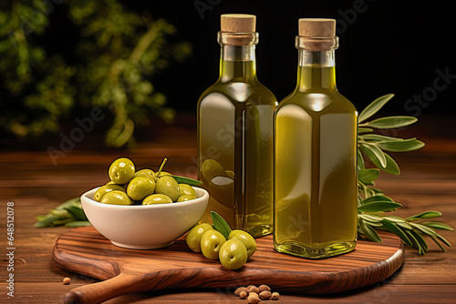 Mock up of green olives and olive oil with soft textures, essence of Mediterranean beauty