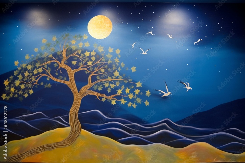 A mural with a golden tree, mountain, waves, birds, moon, and clouds on dark blue background. Generative AI