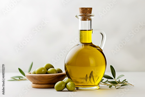 Mock up of green olives and olive oil with soft textures, essence of Mediterranean beauty