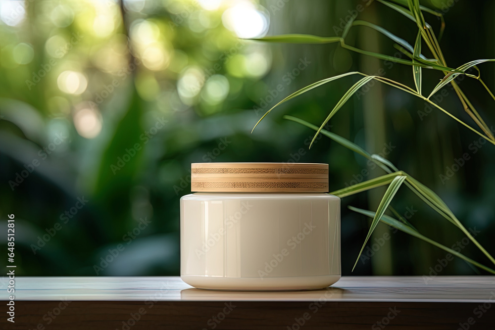 Spa cream jar mock up in a zen atmosphere, in a peaceful setting Spa cream jar mock up in a zen atmosphere, in a peaceful setting