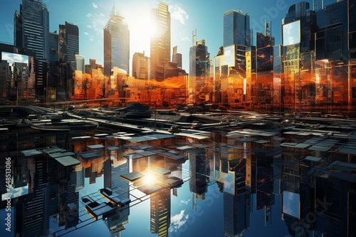 Reflection of city on solar panel-covered buildings. Generative AI