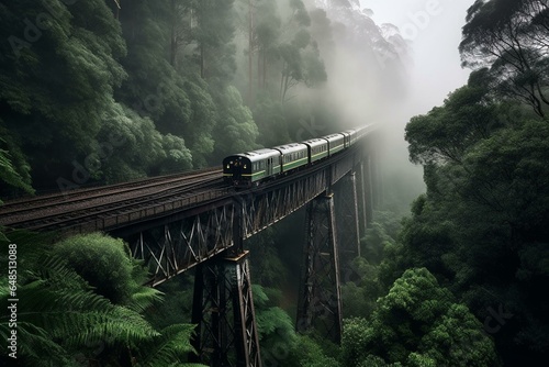 a fast train travels from the past to the future, through misty surroundings, crossing elevated bridges with tree tops. Generative AI