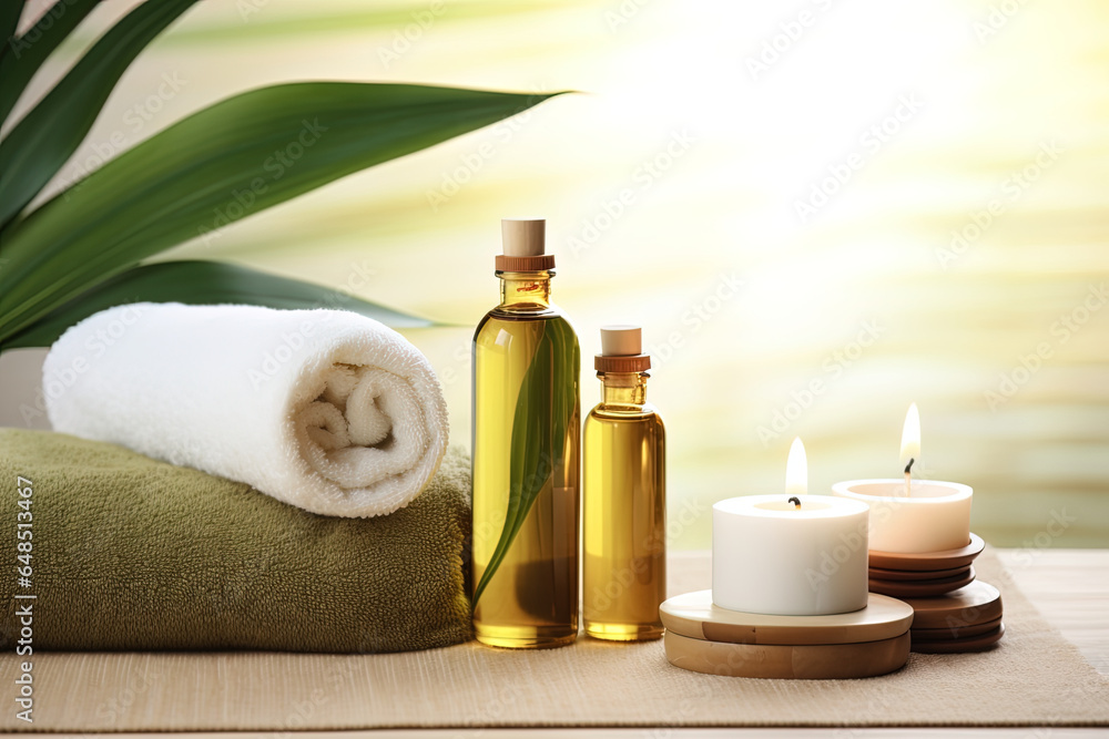 Environment with mock up of spa products to find inner calm, tranquility and personal pampering Environment with mock up of spa products to find inner calm, tranquility and personal pampering