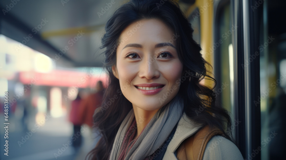 City Commute Bliss: A Joyful Middle-Aged Asian Woman on Her Morning Tram Ride to Work, Sharing Smiles with Fellow Passengers and the Camera's Gaze. City Commute Bliss: A Joyful Middle-Aged Asian Woman on Her Morning Tram Ride to Work, Sharing Smiles with Fellow Passengers and the Camera's Gaze.