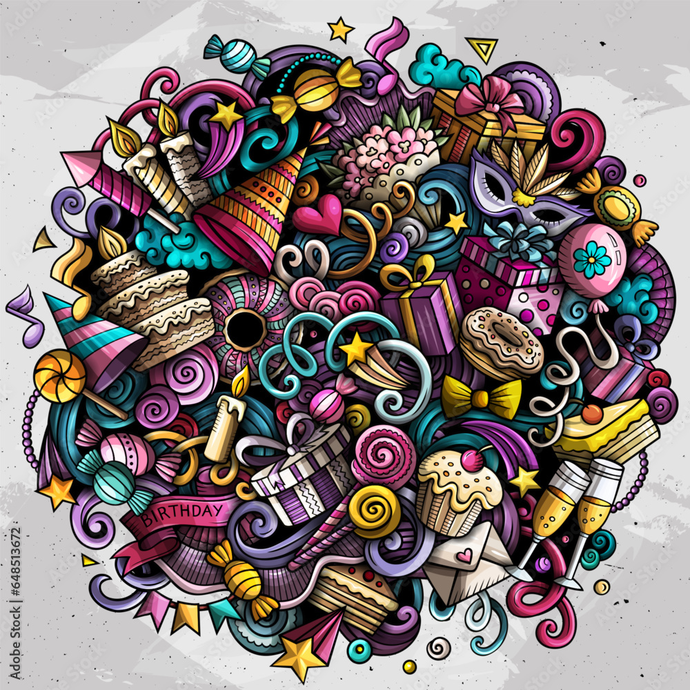 Naklejka premium Birthday cartoon doodles illustration.