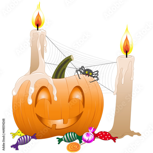 Halloweenkürbis mit Kerzen, Spinne und Bonbons