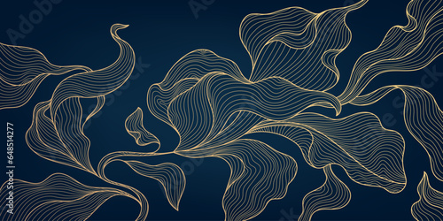Vector art deco luxury floral line pattern, golden background. Hand drawn wavy plants for packaging, social media post, cover, banner, creative post and wall arts. Japanese style.