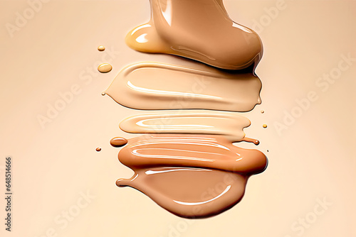 Smears of the thick make-up face foundation for skincare decoration, skin tone liquid on a pastel beige Peach Fuzz Color of The Year 2024 background. Flat lay style.