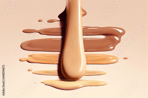 Smears of the thick make-up face foundation for skincare decoration, skin tone liquid on a pastel beige Peach Fuzz Color of The Year 2024 background. Flat lay style.