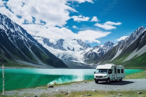 Sunlight and beautiful sky of camping car in background of snow mountains and blue lake landscape. Lifestyle concept for holidays and vacation.