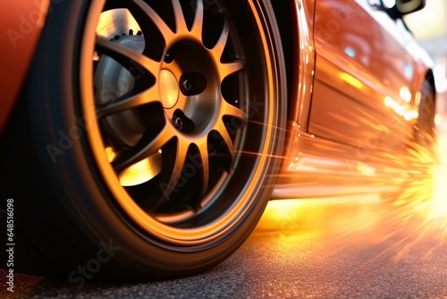 Close up of a car wheel with smoke. Automotive background.