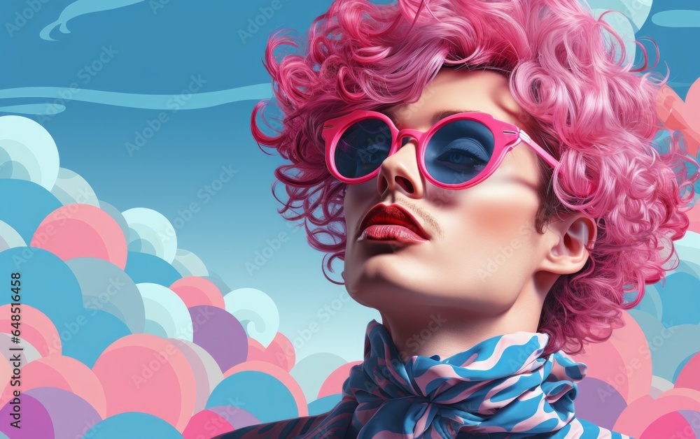 Photo of a stylish feminine man with pink hair and pink sunglasses created with Generative AI technology