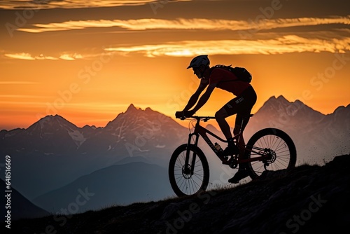 A cyclist rides a bicycle on an extreme descent. Adrenalin. Mountain range in the background.