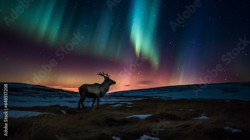 Reindeer in the winter wonderland on an aurora Borealis night.