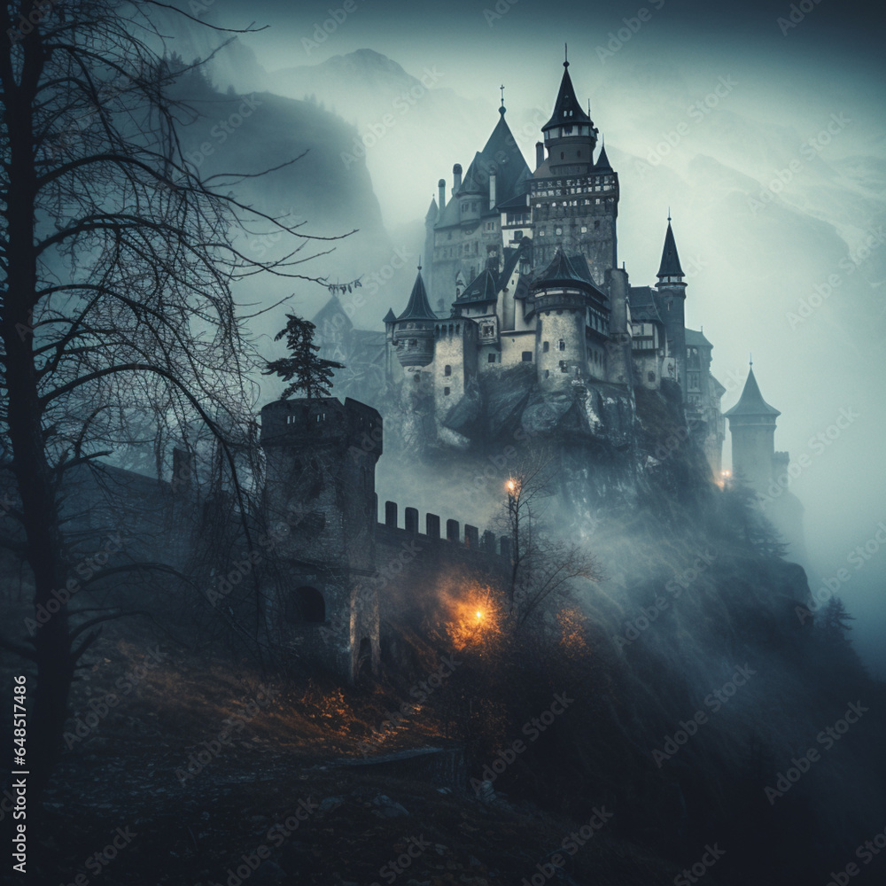 A haunting view of Dracula's Castle surrounded by a dense fog