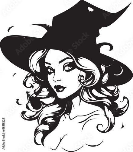 vector illustration of witch in hat Black and white vector silhouette illustration. Halloween Witch design element Halloween event
