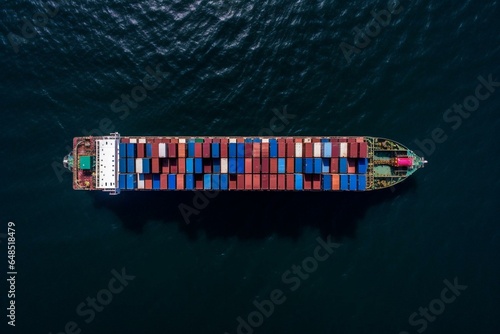 An overhead shot of a vessel transporting shipping containers across the globe, commemorating global seafarers. Generative AI