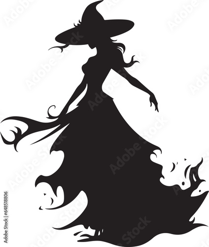 vector illustration of witch in hat Black and white vector silhouette illustration. Halloween Witch design element Halloween event