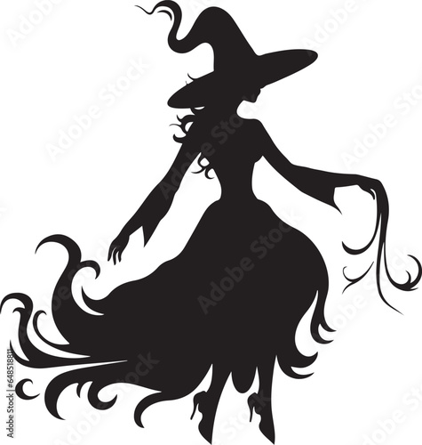 vector illustration of witch in hat Black and white vector silhouette illustration. Halloween Witch design element Halloween event