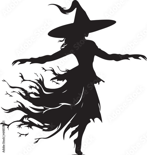 vector illustration of witch in hat Black and white vector silhouette illustration. Halloween Witch design element Halloween event