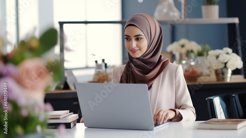 copy space, a closeup photo portrait of a beautiful asian indian model woman with a head scarf smiling using a laptop in a modern office space.