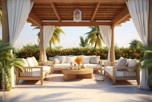 Outdoor setting with furniture, gazebo, palm trees, and sunny veranda. 3D rendering. Generative AI © Lysandra