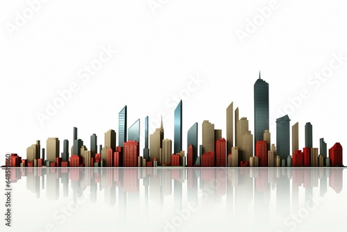 Row of tall buildings forming urban skyline against a white background. Artistic modeling in three dimensions. Generative AI