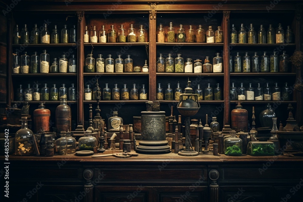 Creepy lab tools, old bottles, vintage mini lab, medieval potions on shelf, apothecary cabinet in pharmacy shop. Generative AI - obrazy, fototapety, plakaty 