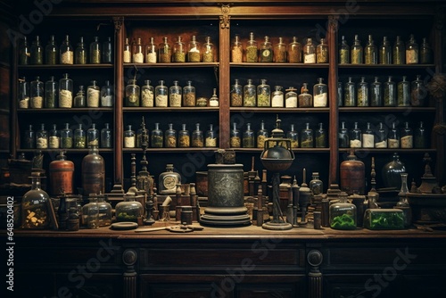 Creepy lab tools, old bottles, vintage mini lab, medieval potions on shelf, apothecary cabinet in pharmacy shop. Generative AI photo