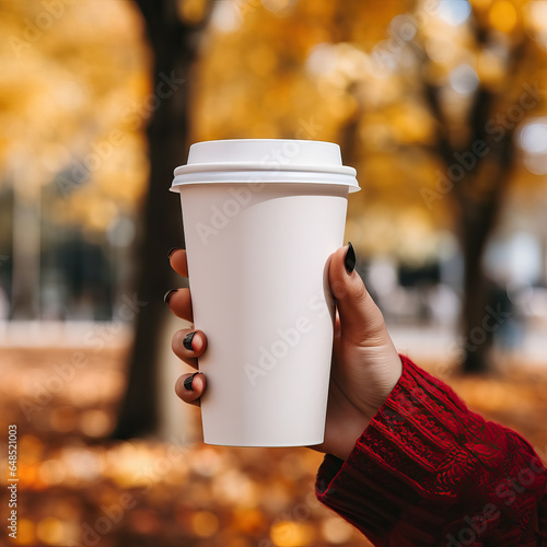  Woman hand holding a blank coffee to go cup, close up photo for mockup, autumn park on background, morning light, paper disposable takeaway coffee mug with no logo, mock-up for branding