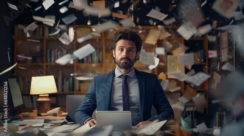 Businessman looking at the camera in a chaotic and stressful office, mental health, work-related stress, Business woes, Office turmoil, Overwork, wellness, healing