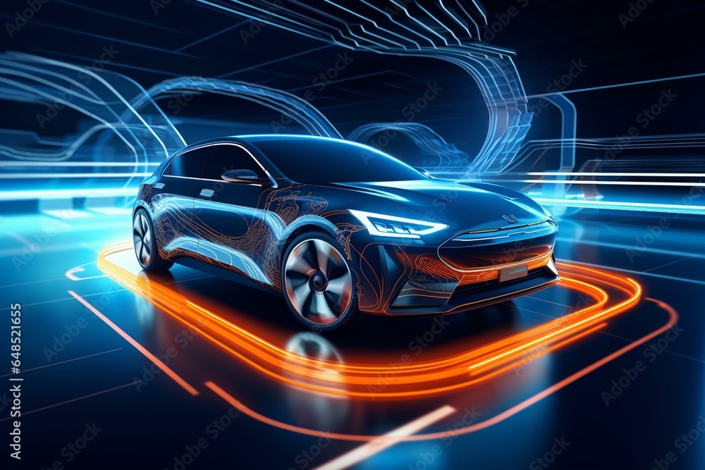 Advanced electric car equipped with lidar, radar sensors for autonomous driving; showcasing smart features through 3D rendering. Generative AI