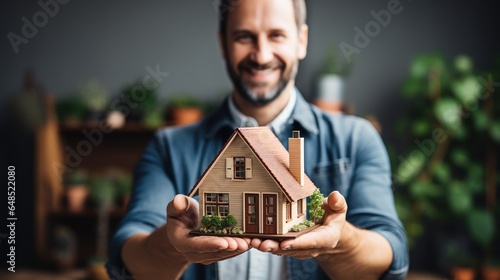 Real estate agent man holding a house model