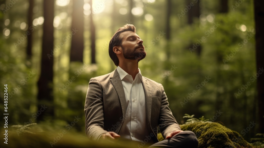 Relajado Businessman relaxing in the forest, tranquility, mindfulness, nature ...