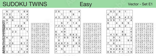 A set of 3 easy scalable sudoku twins puzzles suitable for kids, adults and seniors and ready for web use, or to be compiled into a standard or large print activity book.