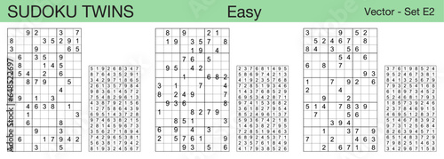 A set of 3 easy scalable sudoku twins puzzles suitable for kids, adults and seniors and ready for web use, or to be compiled into a standard or large print activity book.