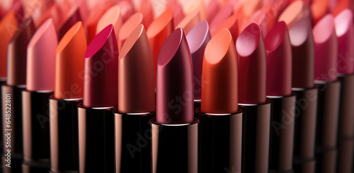Close up of different lipsticks with many color lipstick combinations. Cosmetics palette wallpaper, open lipgloss assortment backdrop.