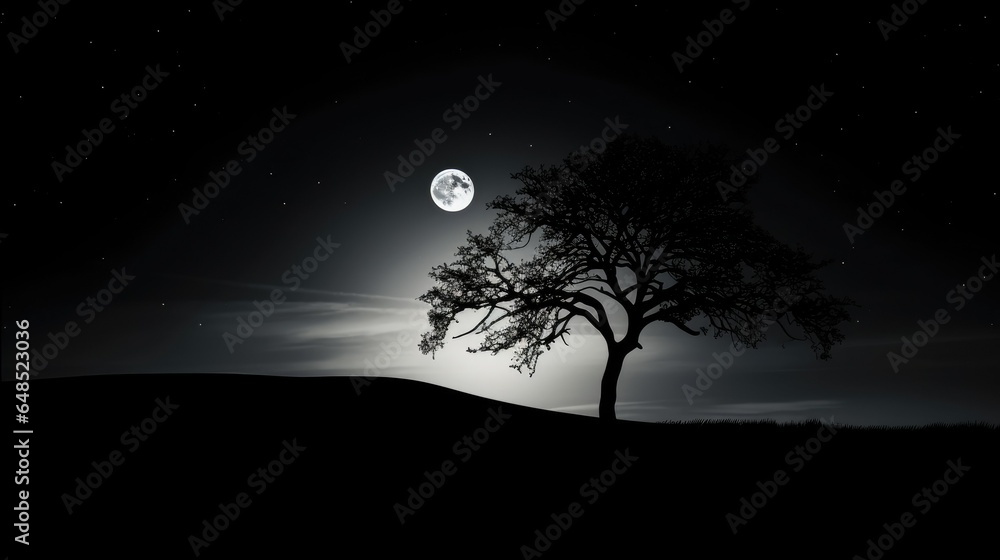 Black and white minimalist landscape with a serene moonlit night sky. A tree silhouette stands on a hill, casting a shadow against the contrasting light. Peaceful and calm, the image exudes a sense o