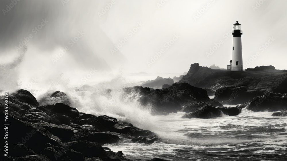 Rugged coastal landscape with a solitary lighthouse, crashing waves, swirling mist, and dramatic view. Majestic and powerful ocean scenery, capturing the stormy nature of the sea.